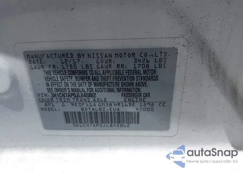 2018 Nissan Versa 1.6 Sv from USA, damaged, VIN 3N1CN7AP0JL845862